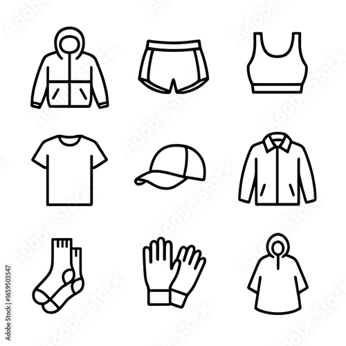 Athletic Clothing Icons. Outline icon set of lightweight clothing: windbreaker, running shorts, sports bra, cotton t-shirt, mesh