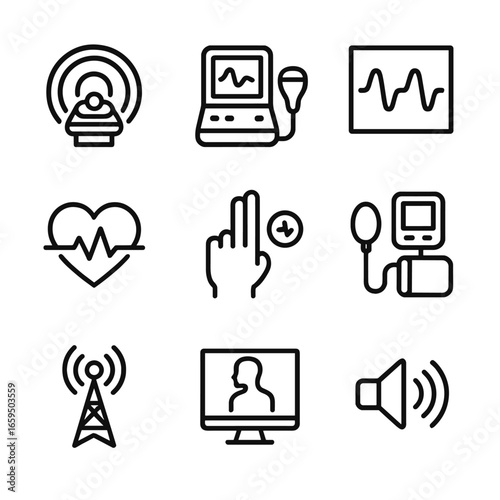 Medical Diagnostic Icons. Outline icon set of amplitude in medical diagnostics: MRI scan, ultrasound, X-ray frequency, heart rate,
