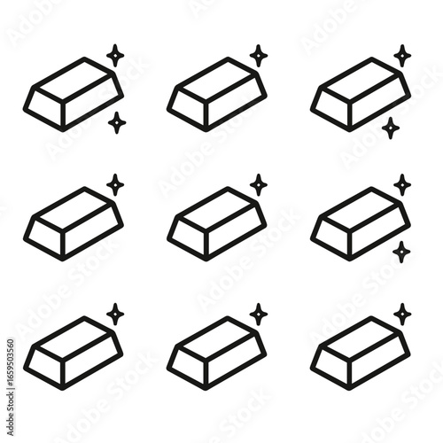 Metal Ingot Icons. Outline icon set of metal ingots: gold ingot, silver ingot, copper ingot, aluminum ingot, iron ingot, lead
