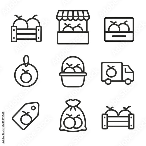 Melon Packaging Icons. Outline icon set of melon packaging and market: fruit crate, market stall, packaging box, label, basket,