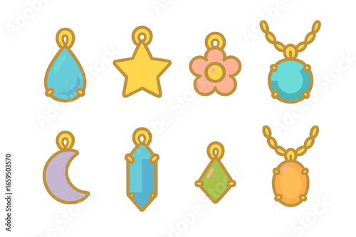 Colorful Gem Pendants. Flat vector mini-illustrations prongs in pendants in colors children's illustrations: teardrop gem pendant,