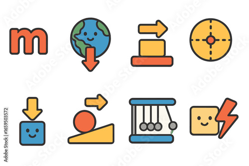 Physics Concepts Icons. Flat vector mini-illustrations mass physics concepts in colors children's illustrations: mass symbol (m),