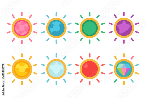 Colorful Gem Halos. Flat vector mini-illustrations halo gem colors in colors children's illustrations: pink sapphire halo, blue