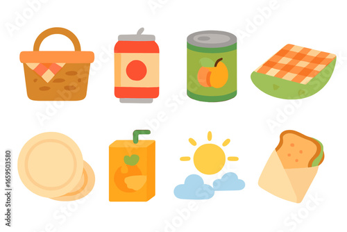 Children's Picnic Icons. Flat vector mini-illustrations Picnic with canned snacks in colors children's