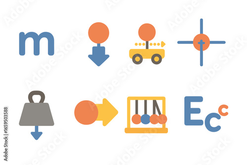 Physics Concepts Icons. Flat vector mini-illustrations mass physics concepts in colors children's illustrations: mass symbol (m),