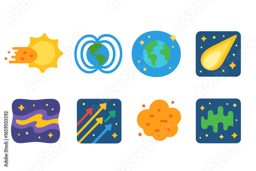 Plasma Space Icons. Flat vector mini-illustrations plasma in space in colors children's illustrations: solar wind, magnetosphere,