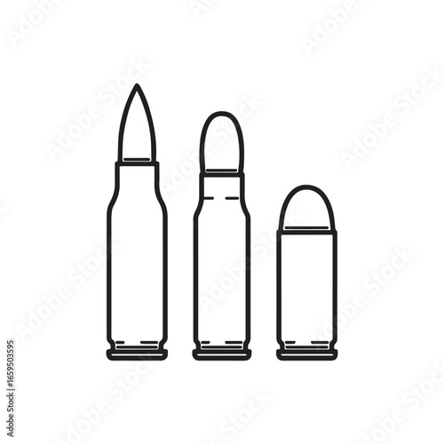 Bullet and cartridge outline icon set, different types of ammo, vector line art illustration.