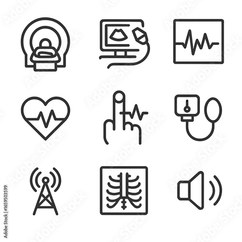 Medical Diagnostic Icons. Outline icon set of amplitude in medical diagnostics: MRI scan, ultrasound, X-ray frequency, heart rate,