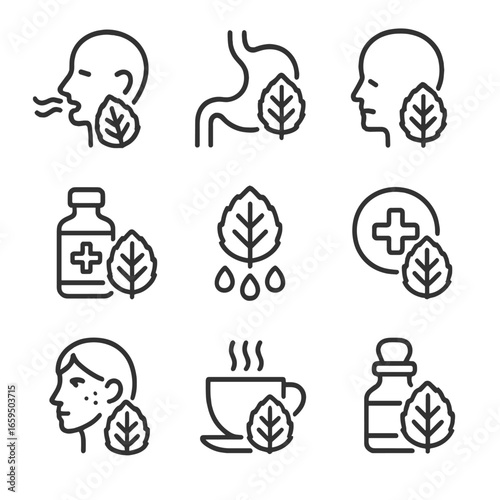 Mint Medicine Icons Grid. Outline icon set of mint medicine: cold relief, digestive aid, headache relief, breath freshener,