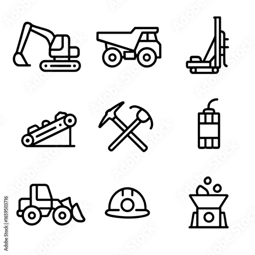 Mining Equipment Icons. Outline icon set of mining equipment: excavator, mining truck, drill rig, conveyor belt, pickaxe, helmet,