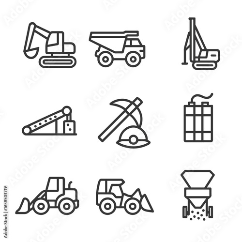 Mining Equipment Icons. Outline icon set of mining equipment: excavator, mining truck, drill rig, conveyor belt, pickaxe, helmet,