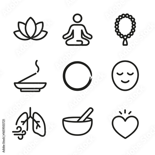 Mindfulness Icon Set. Outline icon set of meditation and mindfulness: lotus flower, meditation pose, chanting beads, incense