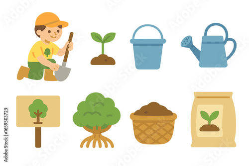 Children's Planting Day Icons. Flat vector mini-illustrations planting day in colors children's illustrations: