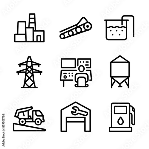 Mining Infrastructure Icons. Outline icon set of mining infrastructure: processing plant, conveyor belt, water treatment, power