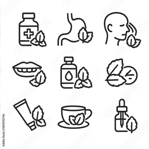 Mint Medicine Icons Grid. Outline icon set of mint medicine: cold relief, digestive aid, headache relief, breath freshener,