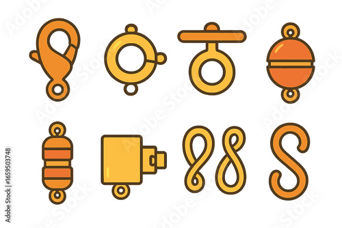 Colorful Jewelry Clasps. Flat vector mini-illustrations jewelry clasps in colors children's illustrations: lobster clasp, spring