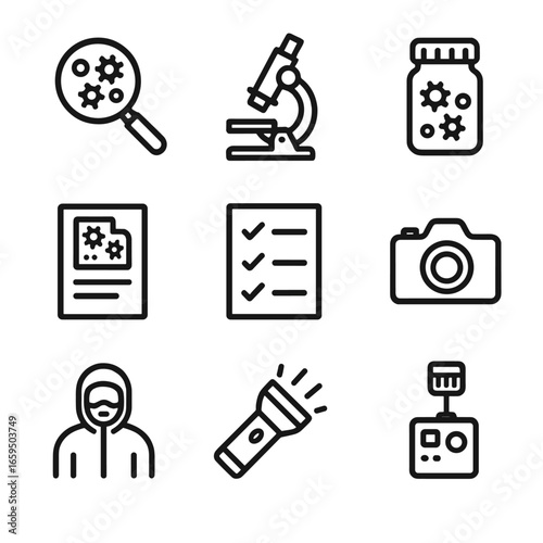 Mold Inspection Icons. Outline icon set of mold inspection: magnifying glass, microscope, sample jar, lab report, checklist,