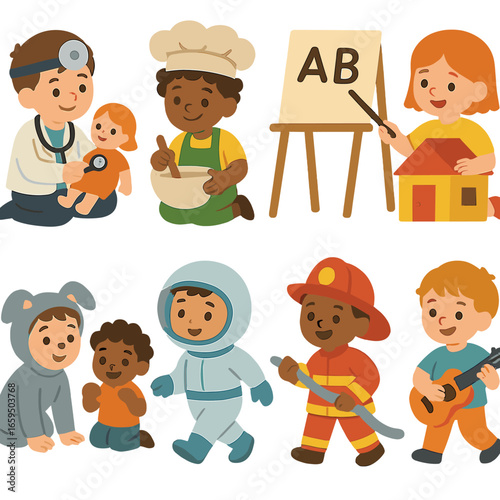 Children's Pretend Play. Flat vector mini-illustrations pretend play imitation in colors children's
