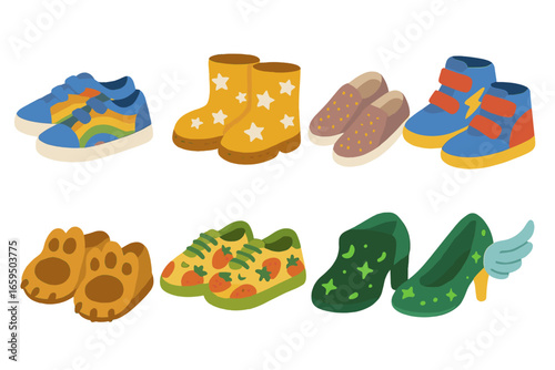 Colorful Kids Shoe Collection. Flat vector mini-illustrations custom shoe designs in colors children's illustrations: rainbow