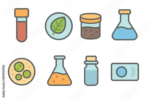 Colorful Lab Samples. Flat vector mini-illustrations laboratory samples in colors children's illustrations: blood sample, plant