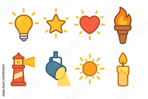 Colorful Light Icons. Flat vector mini-illustrations symbolic light icons in colors children's illustrations: light bulb idea,