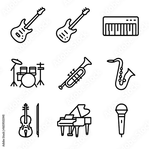Music Instruments Icons. Outline icon set of music instruments in a band: electric guitar, bass guitar, keyboard, drum kit,