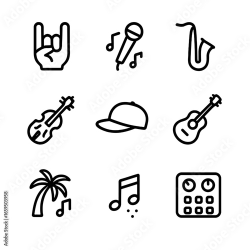 Music Genre Icons. Outline icon set of music genres: rock, pop, jazz, classical, hip hop, country, reggae, blues, electronic.