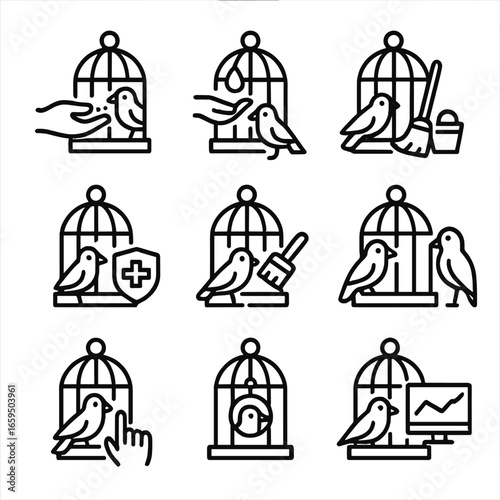 Birdcage Care Icons. Outline icon set of birdcage care tasks: feeding, watering, cleaning, health check, grooming, socializing,