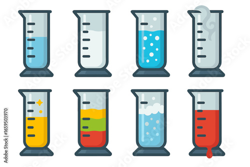 Colorful Liquid Icons. Flat vector mini-illustrations graduated cylinder colors and textures in colors children's illustrations: