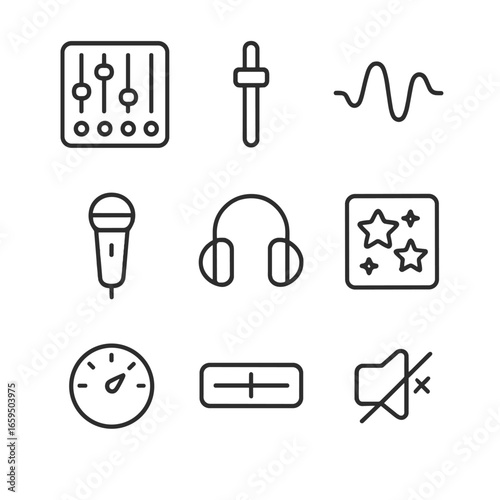 Music Mixing Icons. Outline icon set of music mixing tools: mixing console, fader, audio wave, microphone, headphones, sound