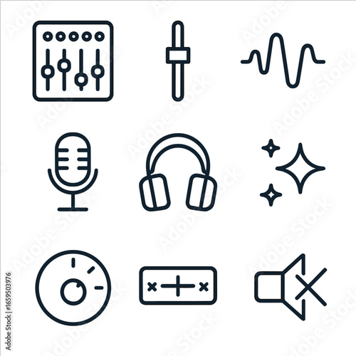 Music Mixing Icons. Outline icon set of music mixing tools: mixing console, fader, audio wave, microphone, headphones, sound