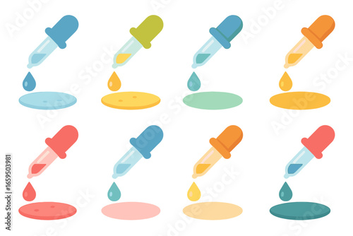 Colorful Liquid Icons. Flat vector mini-illustrations pipette liquid types in colors children's illustrations: water, acid, base,
