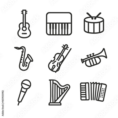 Musical Instrument Icons. Outline icon set of silhouette musical instruments: guitar, piano, drum, saxophone, violin, trumpet,