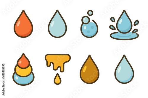 Colorful Liquid Droplets. Flat vector mini-illustrations dropper liquids in colors children's illustrations: colored liquid drop,