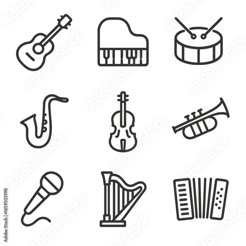 Musical Instrument Icons. Outline icon set of silhouette musical instruments: guitar, piano, drum, saxophone, violin, trumpet,