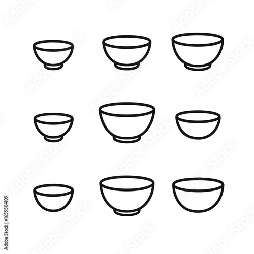 Bowl Icon Set. Outline icon set of bowl sizes: small bowl, medium bowl, large bowl, extra large bowl, mini bowl, serving bowl,