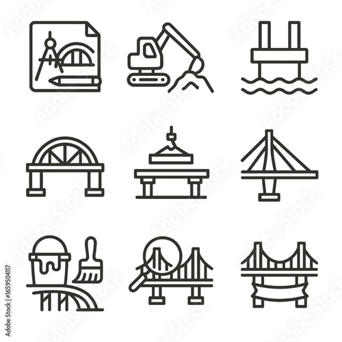 Bridge Construction Icons. Outline icon set of bridge construction phases: design, excavation, foundation, framework, decking,