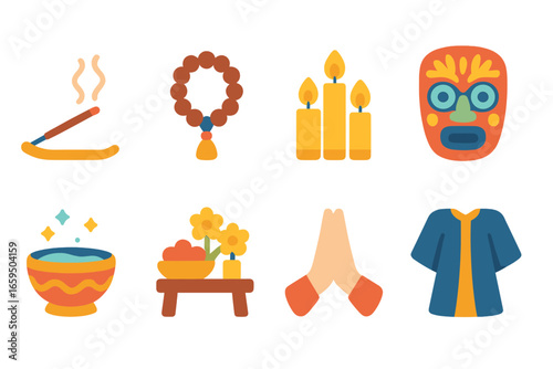 Ritual Icons for Kids. Flat vector mini-illustrations ritual in colors children's illustrations: burning incense, prayer beads,