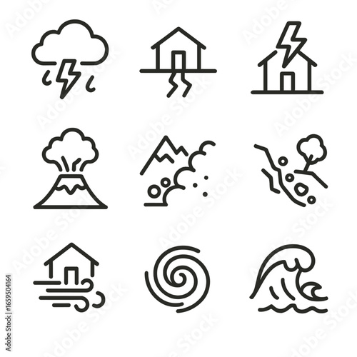 Natural Disaster Icons. Outline icon set of boom in nature: thunderstorm, earthquake shock, lightning strike, volcanic eruption,