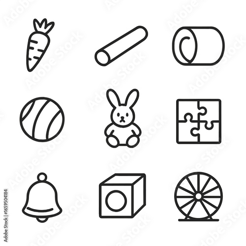 Bunny Toy Icon Set. Outline icon set of bunny toys: carrot toy, chew stick, tunnel, ball, stuffed bunny, puzzle feeder, bell,