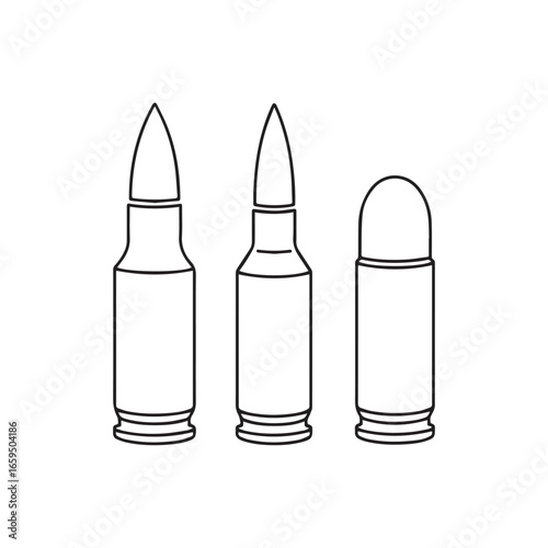 Bullet and cartridge outline icon set, different types of ammo, vector line art illustration.