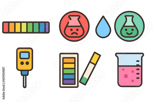 Colorful pH Scale Illustration. Flat vector mini-illustrations pH scale in colors children's illustrations: scale from 0 to 14,