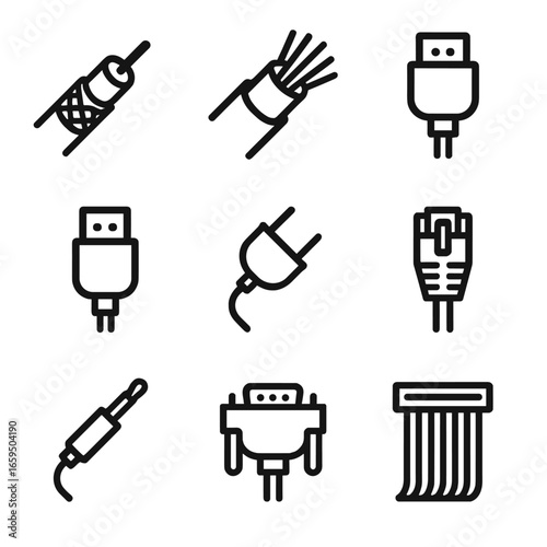 Cable Types Icons. Outline icon set of cable types: coaxial cable, fiber optic cable, HDMI cable, USB cable, power cable, ethernet