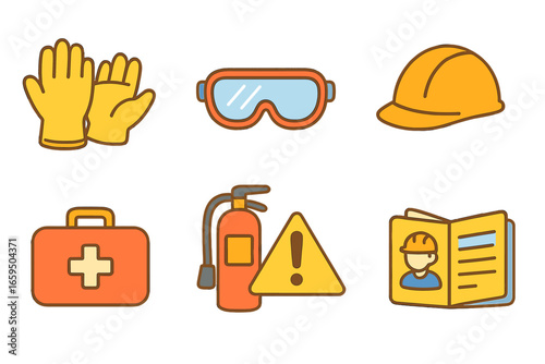 Safety Gear Icons. Flat vector mini-illustrations safe handling in colors children's illustrations: safety gloves, protective