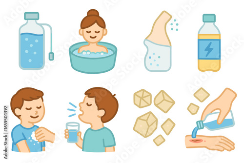 Salt in Medicine Icons. Flat vector mini-illustrations salt in medicine in colors children's illustrations: saline solution, salt