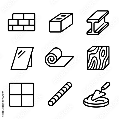 Construction Icon Set. Outline icon set of construction materials: brick, concrete block, steel beam, glass pane, insulation foam,