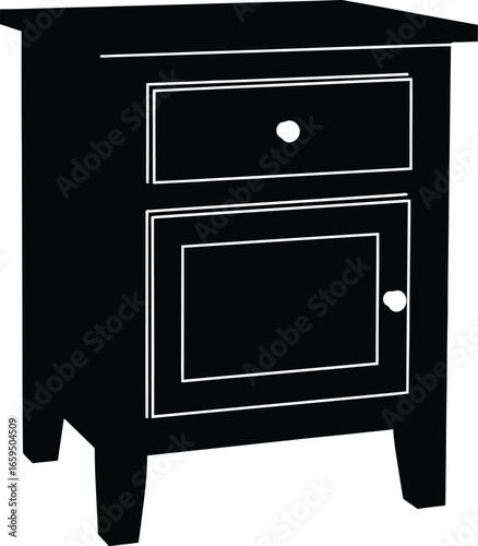 Black bedside table with drawer and cabinet, furniture illustration