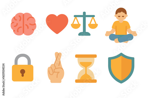 Self-Control Icons for Kids. Flat vector mini-illustrations Self-Control in colors children's illustrations: brain, heart, scales,