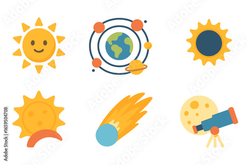 Solar System Icons. Flat vector mini-illustrations sun and astronomy in colors children's illustrations: sun with planets, solar