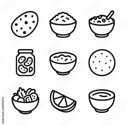 Curry Side Dish Icons. Outline icon set of curry accompaniments: naan bread, rice, chutney, pickle, raita, papadum, salad, lime